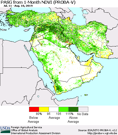 Middle East and Turkey PASG from 1-Month NDVI (PROBA-V) Thematic Map For 8/1/2019 - 8/10/2019