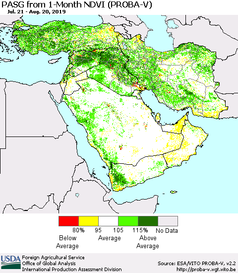 Middle East and Turkey PASG from 1-Month NDVI (PROBA-V) Thematic Map For 8/11/2019 - 8/20/2019