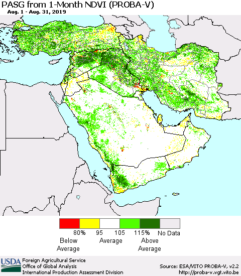 Middle East and Turkey PASG from 1-Month NDVI (PROBA-V) Thematic Map For 8/21/2019 - 8/31/2019