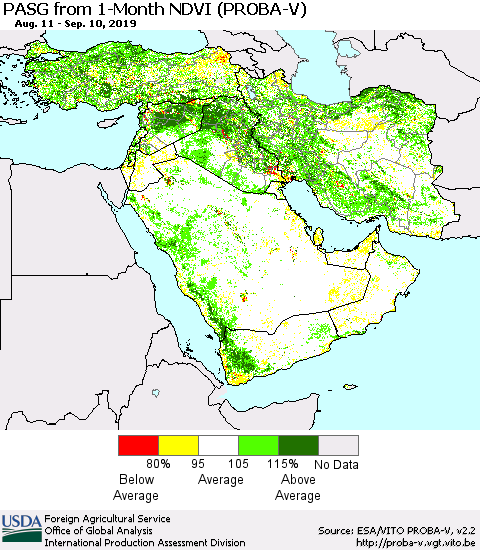 Middle East and Turkey PASG from 1-Month NDVI (PROBA-V) Thematic Map For 9/1/2019 - 9/10/2019
