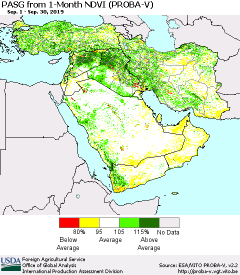 Middle East and Turkey PASG from 1-Month NDVI (PROBA-V) Thematic Map For 9/21/2019 - 9/30/2019