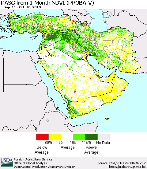 Middle East and Turkey PASG from 1-Month NDVI (PROBA-V) Thematic Map For 10/1/2019 - 10/10/2019