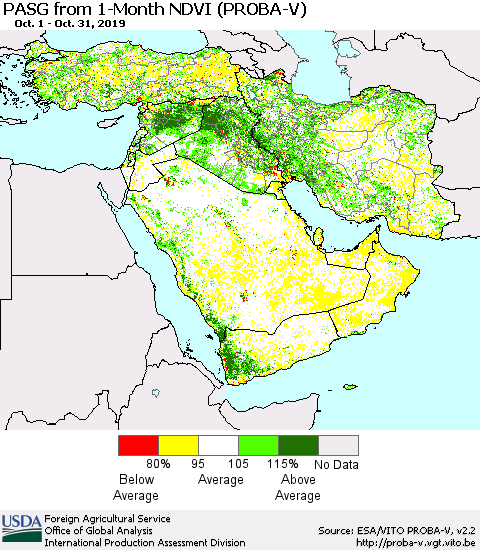 Middle East and Turkey PASG from 1-Month NDVI (PROBA-V) Thematic Map For 10/21/2019 - 10/31/2019