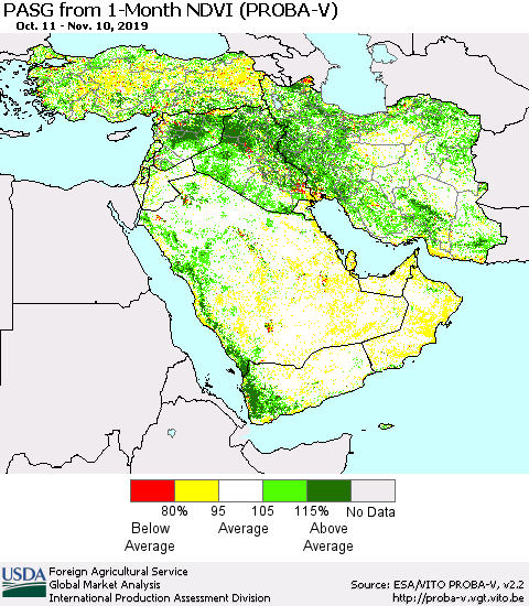 Middle East and Turkey PASG from 1-Month NDVI (PROBA-V) Thematic Map For 11/1/2019 - 11/10/2019