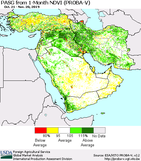 Middle East and Turkey PASG from 1-Month NDVI (PROBA-V) Thematic Map For 11/11/2019 - 11/20/2019
