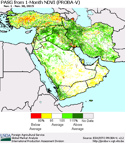 Middle East and Turkey PASG from 1-Month NDVI (PROBA-V) Thematic Map For 11/21/2019 - 11/30/2019