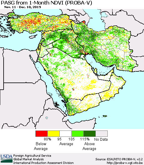 Middle East and Turkey PASG from 1-Month NDVI (PROBA-V) Thematic Map For 12/1/2019 - 12/10/2019