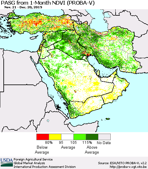 Middle East and Turkey PASG from 1-Month NDVI (PROBA-V) Thematic Map For 12/11/2019 - 12/20/2019