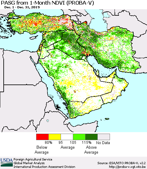 Middle East and Turkey PASG from 1-Month NDVI (PROBA-V) Thematic Map For 12/21/2019 - 12/31/2019