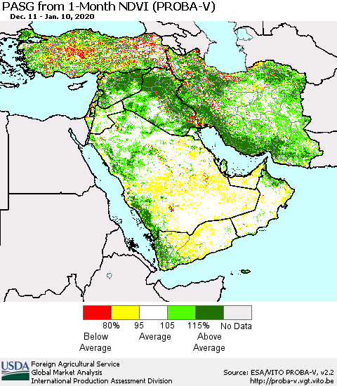 Middle East and Turkey PASG from 1-Month NDVI (PROBA-V) Thematic Map For 1/1/2020 - 1/10/2020