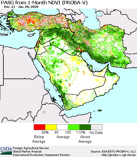 Middle East and Turkey PASG from 1-Month NDVI (PROBA-V) Thematic Map For 1/11/2020 - 1/20/2020