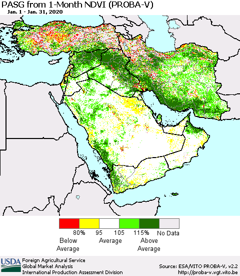 Middle East and Turkey PASG from 1-Month NDVI (PROBA-V) Thematic Map For 1/21/2020 - 1/31/2020