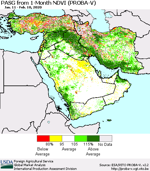 Middle East and Turkey PASG from 1-Month NDVI (PROBA-V) Thematic Map For 2/1/2020 - 2/10/2020
