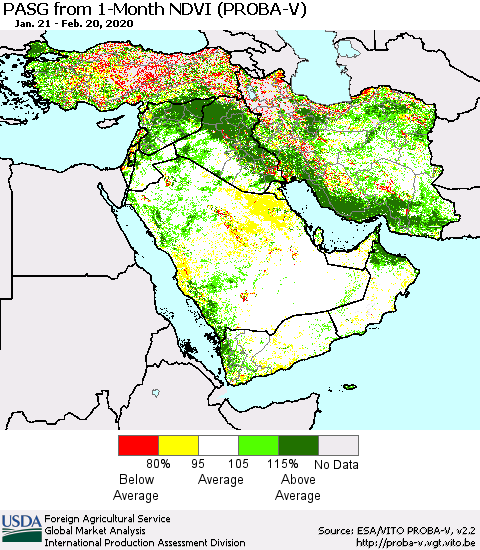 Middle East and Turkey PASG from 1-Month NDVI (PROBA-V) Thematic Map For 2/11/2020 - 2/20/2020
