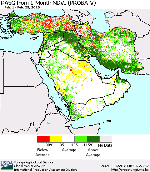 Middle East and Turkey PASG from 1-Month NDVI (PROBA-V) Thematic Map For 2/21/2020 - 2/29/2020