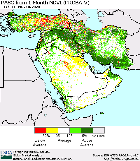 Middle East and Turkey PASG from 1-Month NDVI (PROBA-V) Thematic Map For 3/1/2020 - 3/10/2020