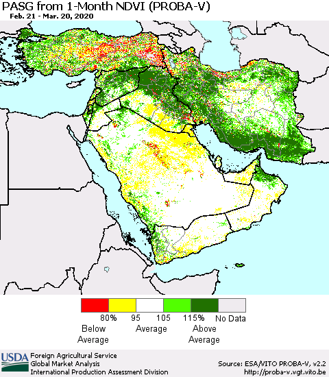 Middle East and Turkey PASG from 1-Month NDVI (PROBA-V) Thematic Map For 3/11/2020 - 3/20/2020