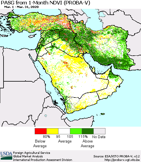 Middle East and Turkey PASG from 1-Month NDVI (PROBA-V) Thematic Map For 3/21/2020 - 3/31/2020