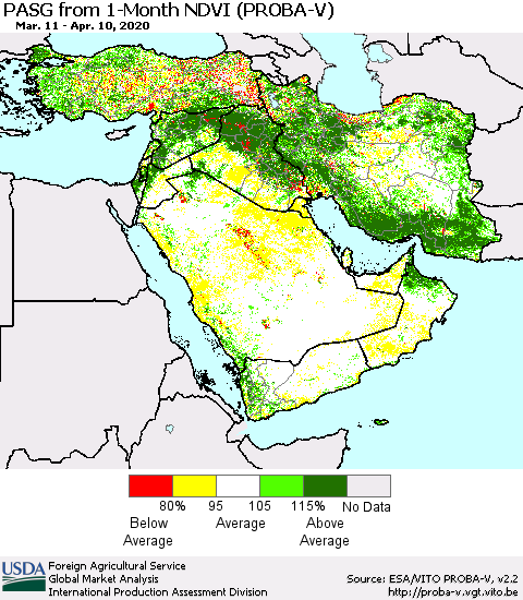 Middle East and Turkey PASG from 1-Month NDVI (PROBA-V) Thematic Map For 4/1/2020 - 4/10/2020