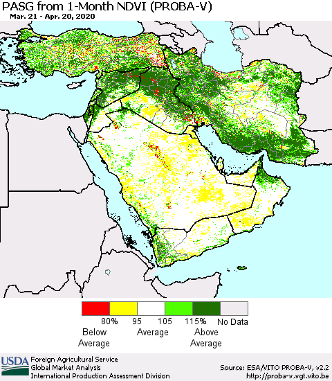 Middle East and Turkey PASG from 1-Month NDVI (PROBA-V) Thematic Map For 4/11/2020 - 4/20/2020