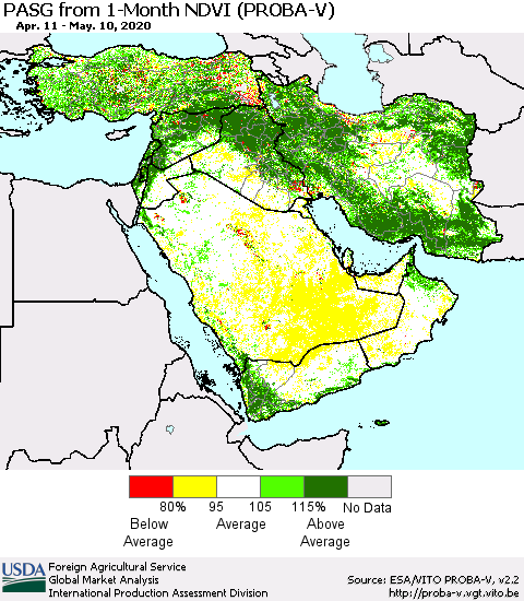 Middle East and Turkey PASG from 1-Month NDVI (PROBA-V) Thematic Map For 5/1/2020 - 5/10/2020