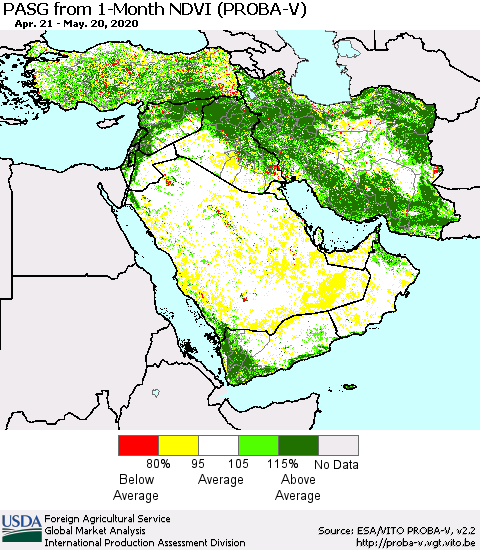 Middle East and Turkey PASG from 1-Month NDVI (PROBA-V) Thematic Map For 5/11/2020 - 5/20/2020