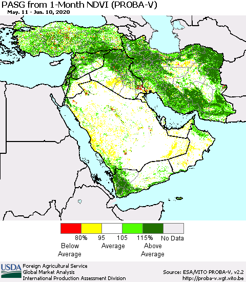 Middle East and Turkey PASG from 1-Month NDVI (PROBA-V) Thematic Map For 6/1/2020 - 6/10/2020