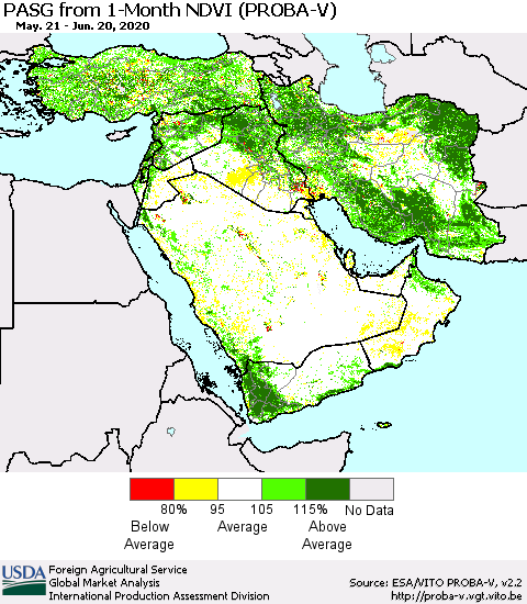 Middle East and Turkey PASG from 1-Month NDVI (PROBA-V) Thematic Map For 6/11/2020 - 6/20/2020