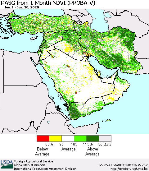 Middle East and Turkey PASG from 1-Month NDVI (PROBA-V) Thematic Map For 6/21/2020 - 6/30/2020