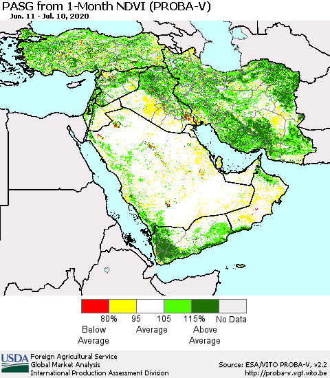 Middle East and Turkey PASG from 1-Month NDVI (PROBA-V) Thematic Map For 7/1/2020 - 7/10/2020