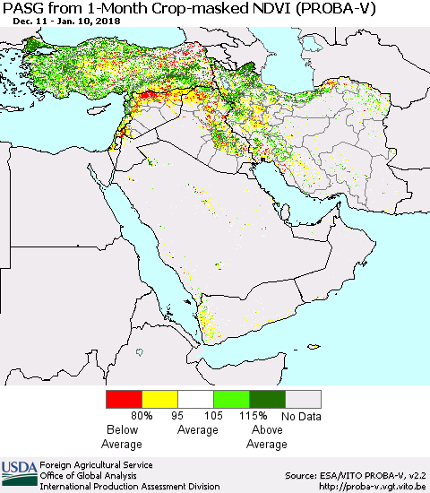 Middle East and Turkey PASG from 1-Month Crop-masked NDVI (PROBA-V) Thematic Map For 1/1/2018 - 1/10/2018