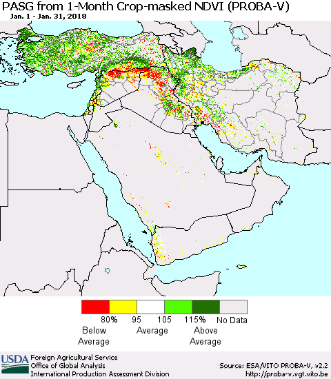 Middle East and Turkey PASG from 1-Month Crop-masked NDVI (PROBA-V) Thematic Map For 1/21/2018 - 1/31/2018