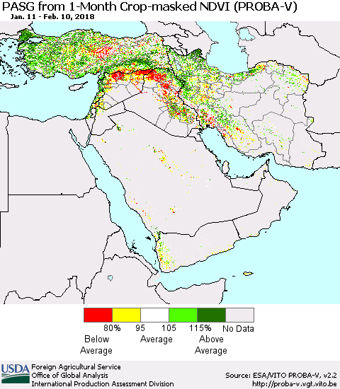 Middle East and Turkey PASG from 1-Month Crop-masked NDVI (PROBA-V) Thematic Map For 2/1/2018 - 2/10/2018
