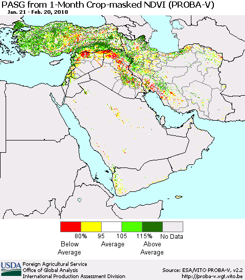 Middle East and Turkey PASG from 1-Month Crop-masked NDVI (PROBA-V) Thematic Map For 2/11/2018 - 2/20/2018
