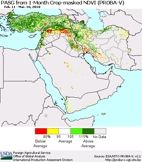 Middle East and Turkey PASG from 1-Month Crop-masked NDVI (PROBA-V) Thematic Map For 3/1/2018 - 3/10/2018