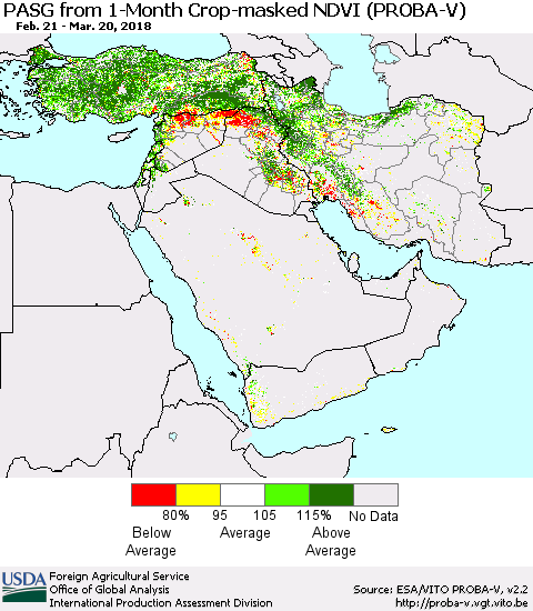 Middle East and Turkey PASG from 1-Month Crop-masked NDVI (PROBA-V) Thematic Map For 3/11/2018 - 3/20/2018