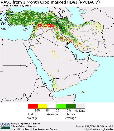 Middle East and Turkey PASG from 1-Month Crop-masked NDVI (PROBA-V) Thematic Map For 3/21/2018 - 3/31/2018
