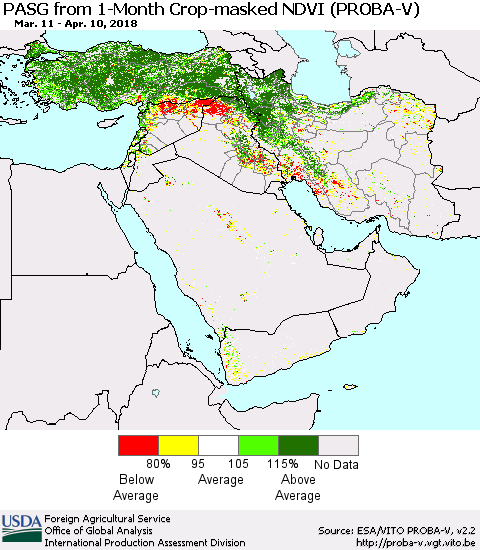 Middle East and Turkey PASG from 1-Month Crop-masked NDVI (PROBA-V) Thematic Map For 4/1/2018 - 4/10/2018