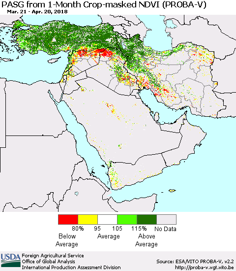Middle East and Turkey PASG from 1-Month Crop-masked NDVI (PROBA-V) Thematic Map For 4/11/2018 - 4/20/2018