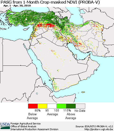 Middle East and Turkey PASG from 1-Month Crop-masked NDVI (PROBA-V) Thematic Map For 4/21/2018 - 4/30/2018