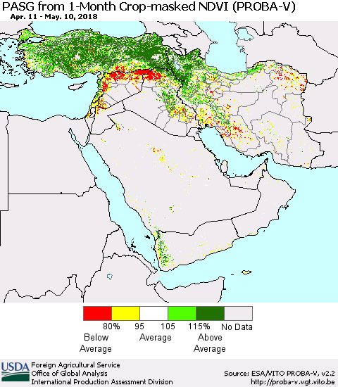 Middle East and Turkey PASG from 1-Month Crop-masked NDVI (PROBA-V) Thematic Map For 5/1/2018 - 5/10/2018