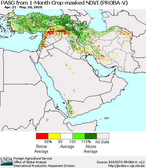 Middle East and Turkey PASG from 1-Month Crop-masked NDVI (PROBA-V) Thematic Map For 5/11/2018 - 5/20/2018