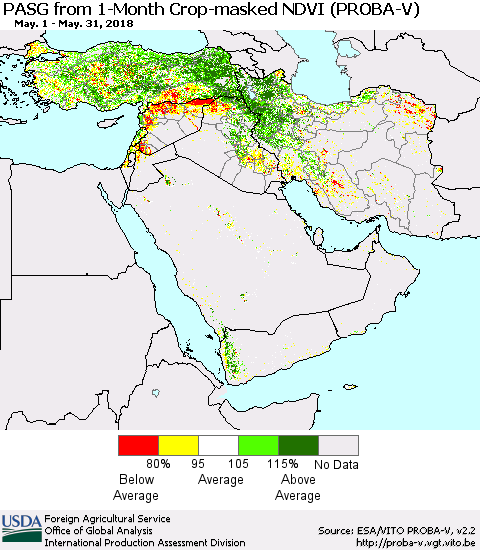 Middle East and Turkey PASG from 1-Month Crop-masked NDVI (PROBA-V) Thematic Map For 5/21/2018 - 5/31/2018