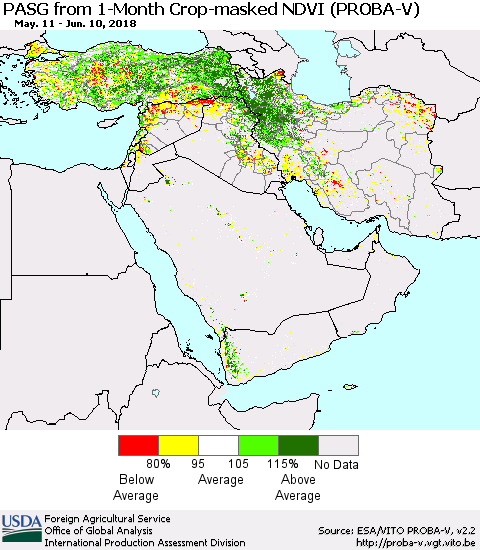 Middle East and Turkey PASG from 1-Month Crop-masked NDVI (PROBA-V) Thematic Map For 6/1/2018 - 6/10/2018