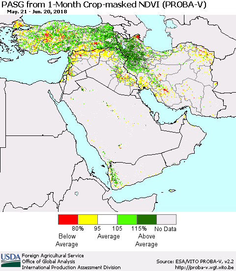 Middle East and Turkey PASG from 1-Month Crop-masked NDVI (PROBA-V) Thematic Map For 6/11/2018 - 6/20/2018