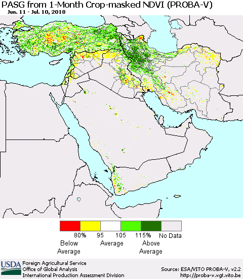 Middle East and Turkey PASG from 1-Month Crop-masked NDVI (PROBA-V) Thematic Map For 7/1/2018 - 7/10/2018