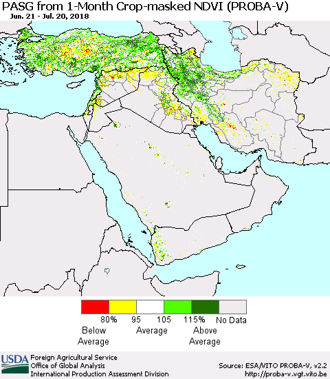 Middle East and Turkey PASG from 1-Month Crop-masked NDVI (PROBA-V) Thematic Map For 7/11/2018 - 7/20/2018