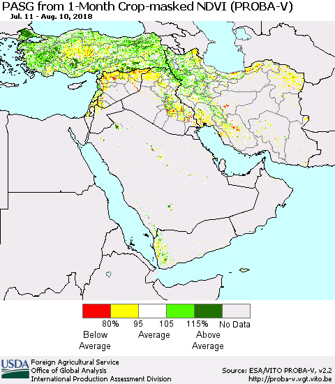 Middle East and Turkey PASG from 1-Month Crop-masked NDVI (PROBA-V) Thematic Map For 8/1/2018 - 8/10/2018