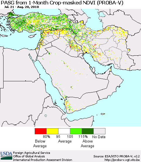 Middle East and Turkey PASG from 1-Month Crop-masked NDVI (PROBA-V) Thematic Map For 8/11/2018 - 8/20/2018