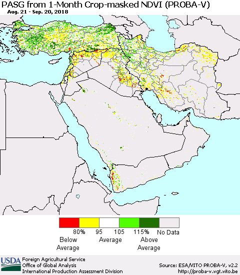 Middle East and Turkey PASG from 1-Month Crop-masked NDVI (PROBA-V) Thematic Map For 9/11/2018 - 9/20/2018